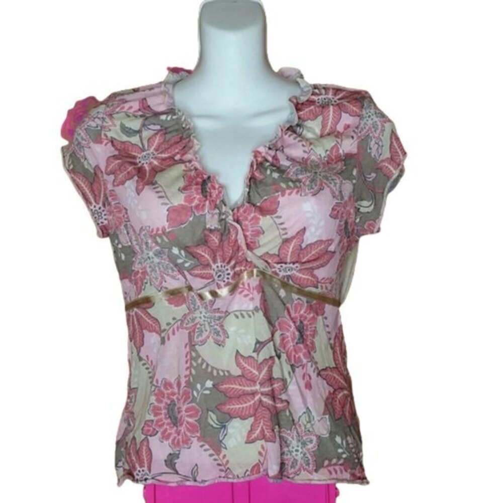 Vintage 90's Y2K Pink Floral Ruffle V Neck Summer Short Sleeve Top Juniors XL